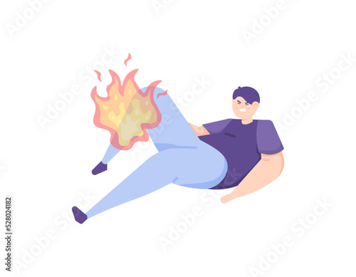 a man felt a burning heat in his legs and knees. symptoms of gout, muscle pain, pinched nerves, neuropathy, diabetes. pain in the legs. body health problems. flat cartoon illustration. character