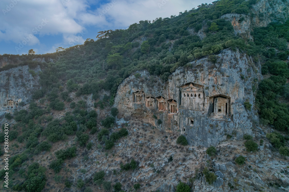 Kings tombs in the cliff face Kaunos Dalyan, Turkey.