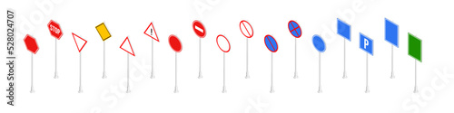 Isometric vector illustration of road signs isolated on white background. Set of traffic signs. Collection of realistic blank traffic control signs on metal poles. 