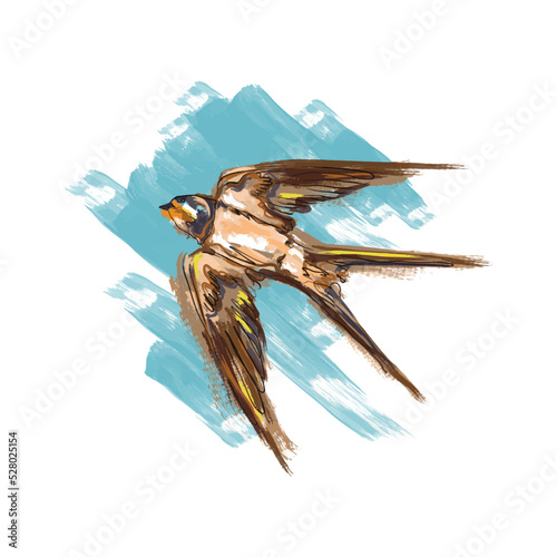 A flying swallow in an acrylic painted style with a blue spot on the background. Symbol of freedom. Animal world, birds, flight. Modern vector illustration