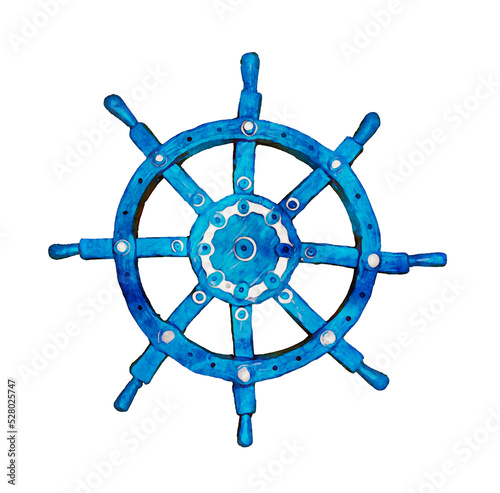 nautical blue sea steering commander ship wheel watercolour