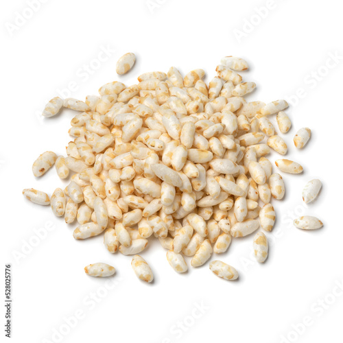 Heap of puffed rice close up isolated on white background