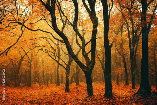 Autumn Orange Landscape with trees and leaves