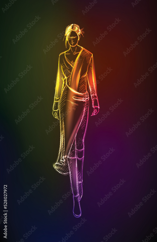 Hand-drawn fashion model from a neon. A light girls. Fashion girls. Stylish fashion model. Fashion woman Hand-drawn fashion model from a neon. A light girls. Fashion girls. Stylish fashion model. Fashion woman
