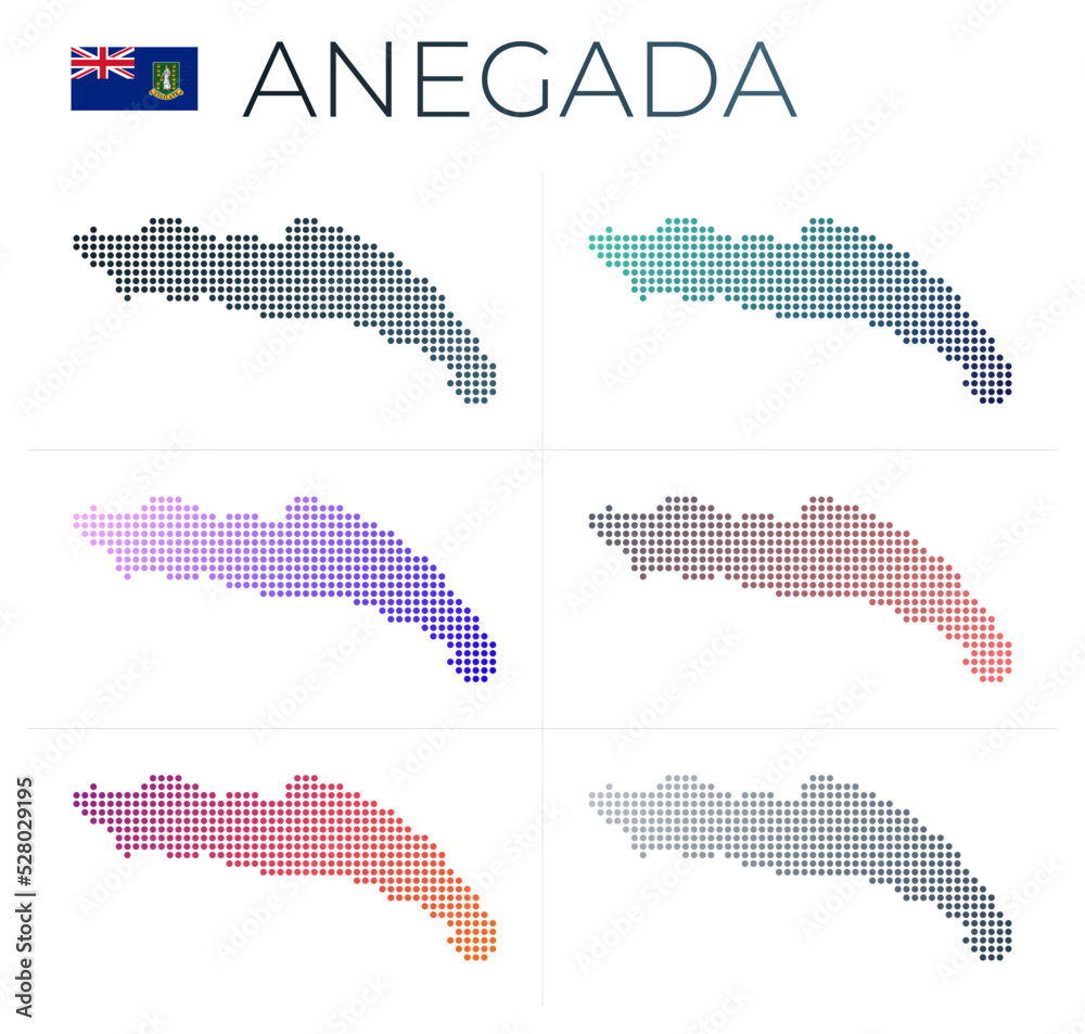 Anegada dotted map set. Map of Anegada in dotted style. Borders of the island filled with beautiful smooth gradient circles. Artistic vector illustration.