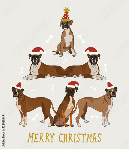 Merry Christmas greeting card with cute funny Boxer dogs wearing winter hats. Cute funny dogs. Character design. Abstract Christmas tree. Vector illustration.