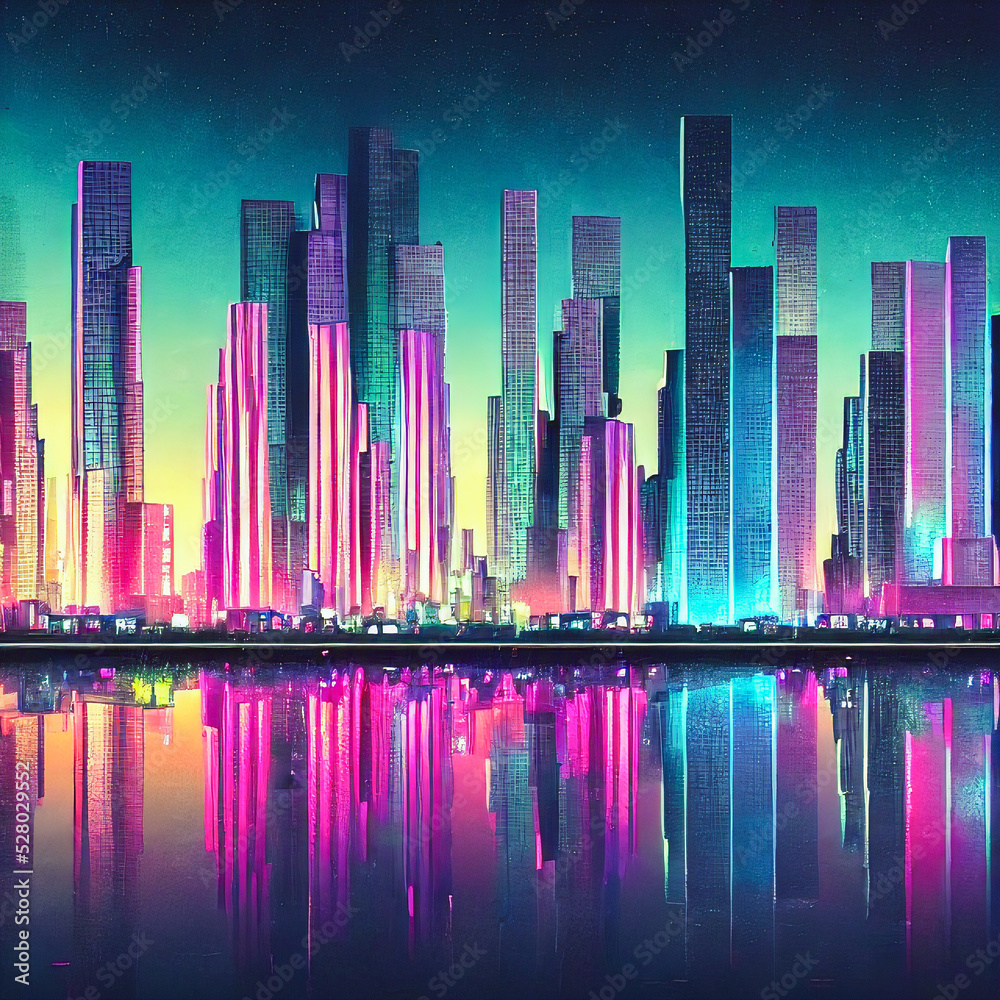 Night city, neon lights of the metropolis. Reflection of neon lights in the water. city on the ocean. 3d illustration
