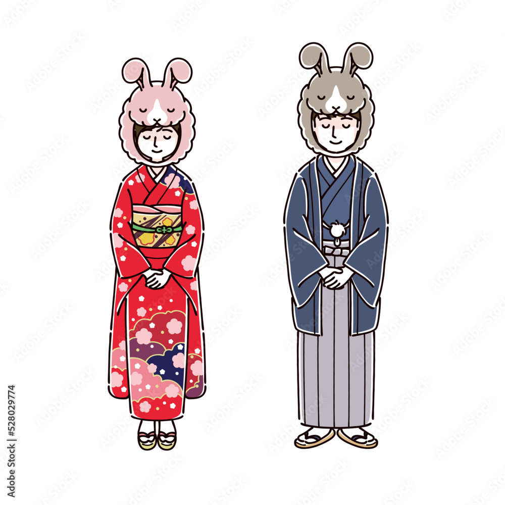 うさぎのかぶりものをかぶって晴れ着姿でお辞儀をする人,男性,女性