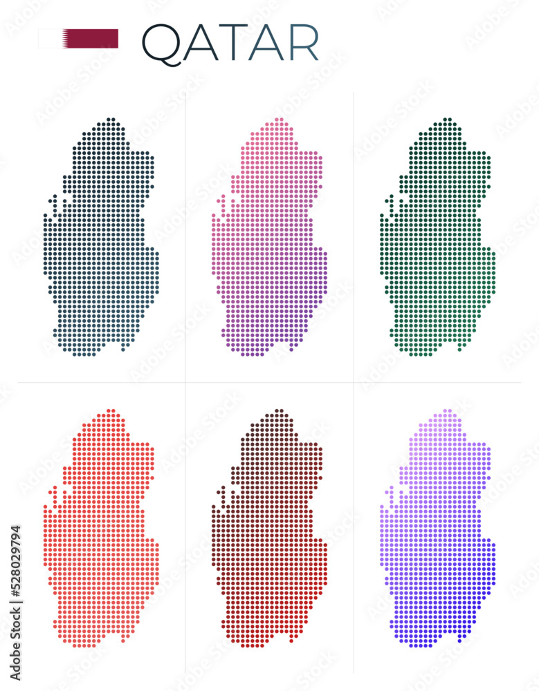 Qatar dotted map set. Map of Qatar in dotted style. Borders of the country filled with beautiful smooth gradient circles. Powerful vector illustration.