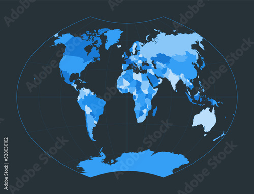 World Map. Ginzburg VI projection. Futuristic world illustration for your infographic. Nice blue colors palette. Radiant vector illustration.