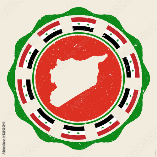 Syria vintage sign. Grunge round logo with map and flags of Syria. Cool vector illustration.