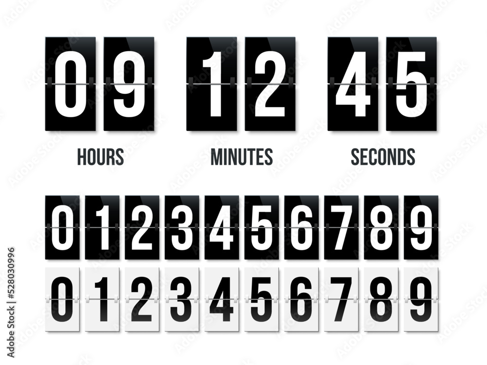 Countdown clock display with black and white nubers set. Vector date counter  flip board isolated on white bacground Stock-Vektorgrafik | Adobe Stock