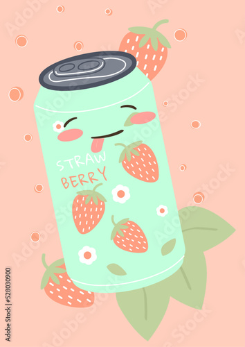 Soda can. Cute aluminum jar with strawberry sweet drinks, kawaii juice or cocktail in metal bottle. Berry tonic happy food mascot funny packaging vector cartoon flat isolated illustration