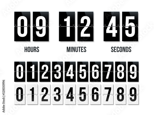 Countdown clock display with black and white nubers set. Vector date counter flip board isolated on white bacground