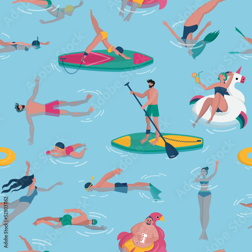 Summer swim pattern, float people. Swimmer characters isolated on blue background, woman and man surfing in ocean. Decor textile, wrapping paper, wallpaper, print design. Vector illustration