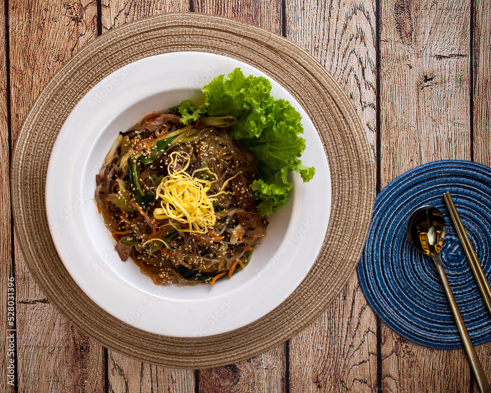 korean food Japchae Stir-Fried Glass Noodles And Vegetables Stock Photo