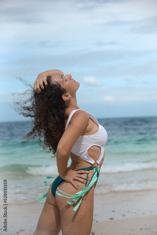 Portrait of a beautiful female in a bikini on a tropical beach. A brunette girl in swimsuit enjoy at the sea. A curly woman tourist posing on a tropical beach and enjoys during her summer holiday Portrait of a beautiful female in a bikini on a tropical beach. A brunette girl in swimsuit enjoy at the sea. A curly woman tourist posing on a tropical beach and enjoys during her summer holiday