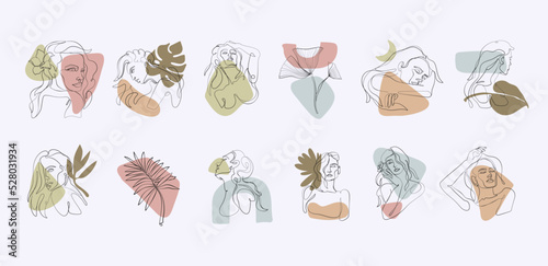 Face line art, modern minimal flowers and girls portraits. Abstract woman body parts. feminine shapes, female characters. Heads and hairstyles. Vector layout illustration isolated on white
