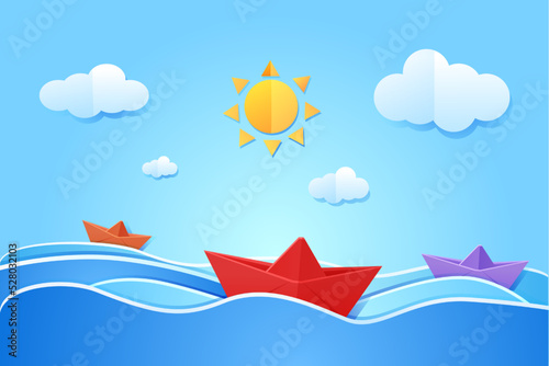 Paper origami boat. Ocean waves. Sun and water. Sail ship. Summer seascape. Nautical seaside concept. Craft sailboat. Marine journey. Floating transport. Vector illustration background