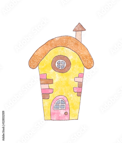 Single yellow cottage with brown roof. Graphic ellement for poster, postcard, t shirt design. Hand drawn cute children illustration in watercolor style. photo