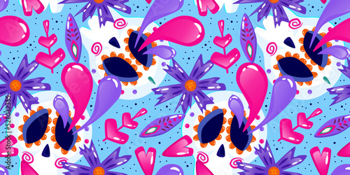 Muertos pattern with skull, daisy and heart. Mexico day dead holiday. Floral skull face. Floral seamless background. Halloween seamless pattern. Blue background.