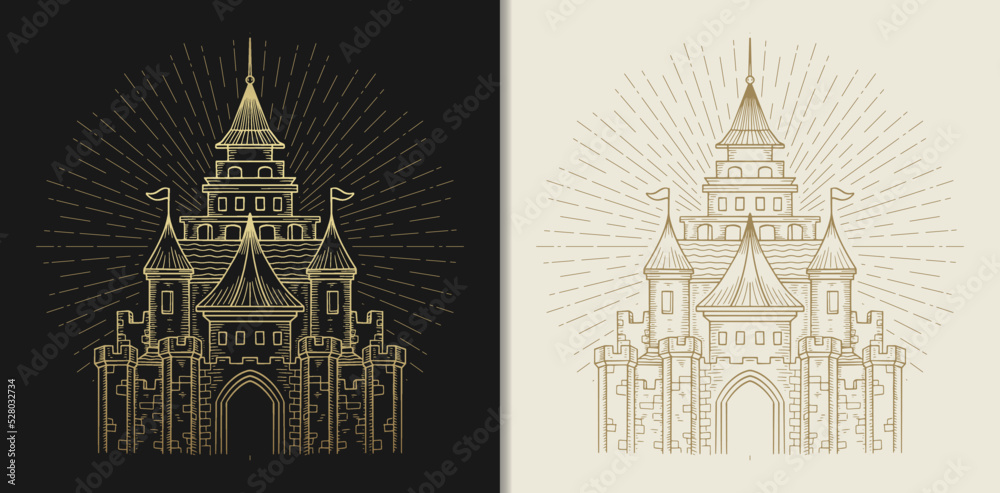 Obraz premium Fantasy castle of the king, golden hand drawn