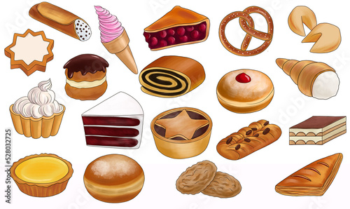 drawing sketch of pastries  sweets and desserts isolated at white background  hand drawn illustration