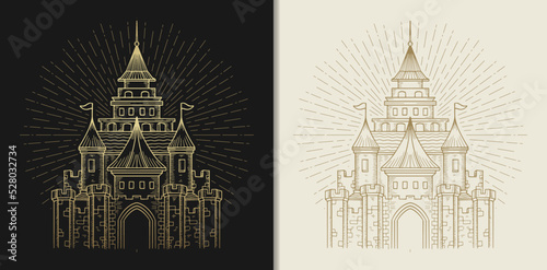 Fantasy castle of the king, golden hand drawn