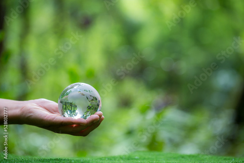 Human hand holding globe planet glass In green forest with bokeh nature lights. world environment day. concept for environment conservation, protect ecology earth and environmental eco-friendly life.