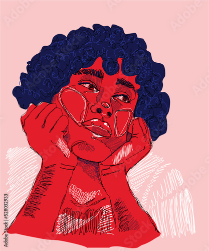A young curly-haired guy, frustrated and depressive, looks to the side thoughtfully. Pencil and pen style. Modern authentic vector art on a pink background. Mental and psychological problems, anxiety