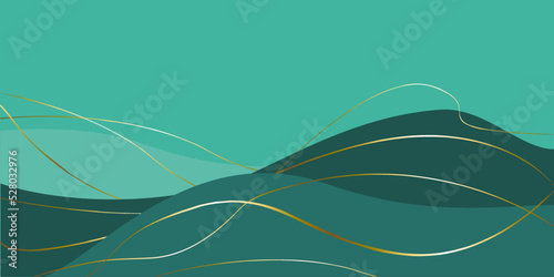 Elegant Abstract Background with Deep Teal Waves and Gold Accent Lines