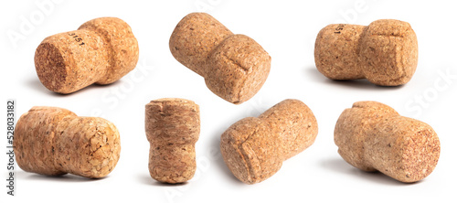 A set champagne cork stoppers isolated on white background close-up. Full focus. As a detail for the design