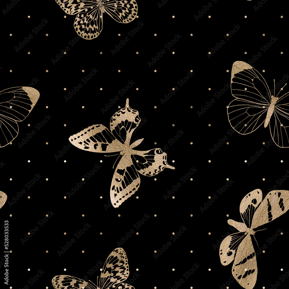 seamless pattern with gold butterflies and round spots at black background, hand drawn background seamless pattern with gold butterflies and round spots at black background, hand drawn background