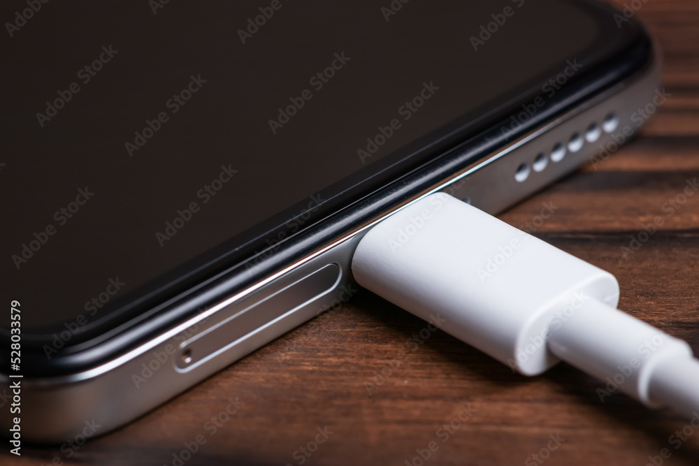 Charger with smartphone on wooden background close up Charger with smartphone on wooden background close up