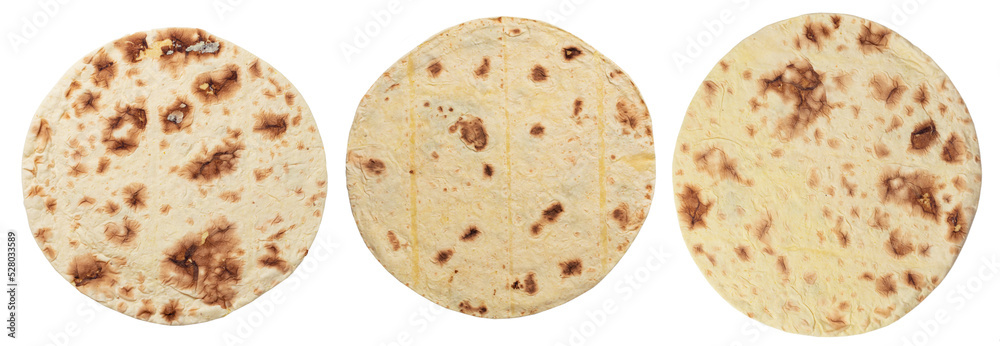 Wheat round taco tortilla or pita lavash round flat bread from above, isolated on white background Wheat round taco tortilla or pita lavash round flat bread from above, isolated on white background