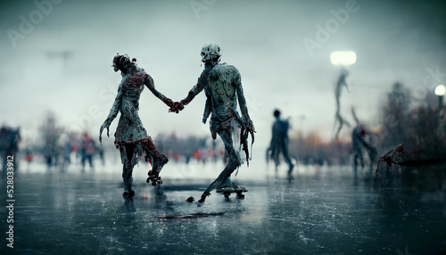 Zombi ice-skating graciously holding hands 3d rendering
