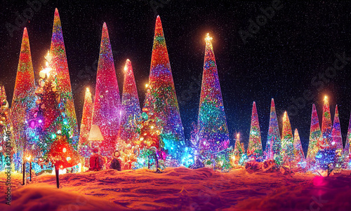 Christmas Tree with Christmas ornaments on blurry background 3d rendering