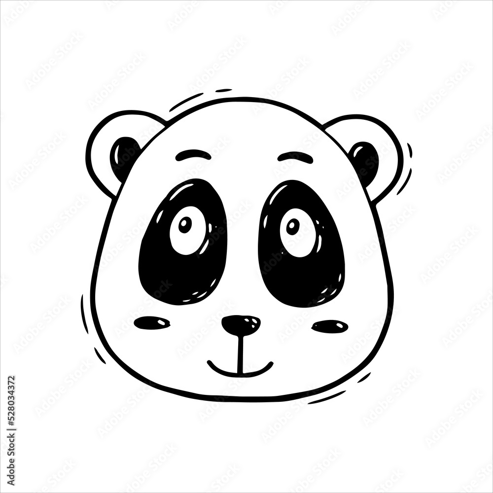 Happy face of cute panda on a white background. Chinese lettle bear. Hand drawn childish doodle illustration. Portrait of animal in sketch style. Ideal for print, scrapbooking, t shirt, tote bag Happy face of cute panda on a white background. Chinese lettle bear. Hand drawn childish doodle illustration. Portrait of animal in sketch style. Ideal for print, scrapbooking, t shirt, tote bag