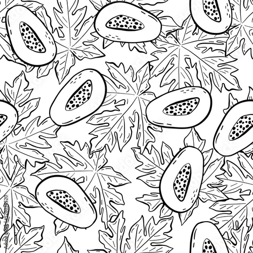 Tropical seamless pattern with outline papaya and foliage. Hand drawn black and white illustration. Ideal for fabric, textile, prints, scrapbooking, wrapping paper, invitation and party decoration