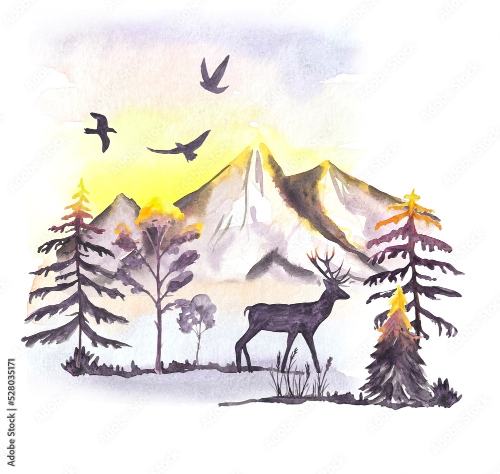 Fototapeta premium Abstract landscape watercolor background of mountains and forest