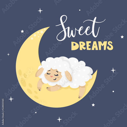 Vector children's illustration. Cute sheep sleeping on the moon. Illustration for children's print 
