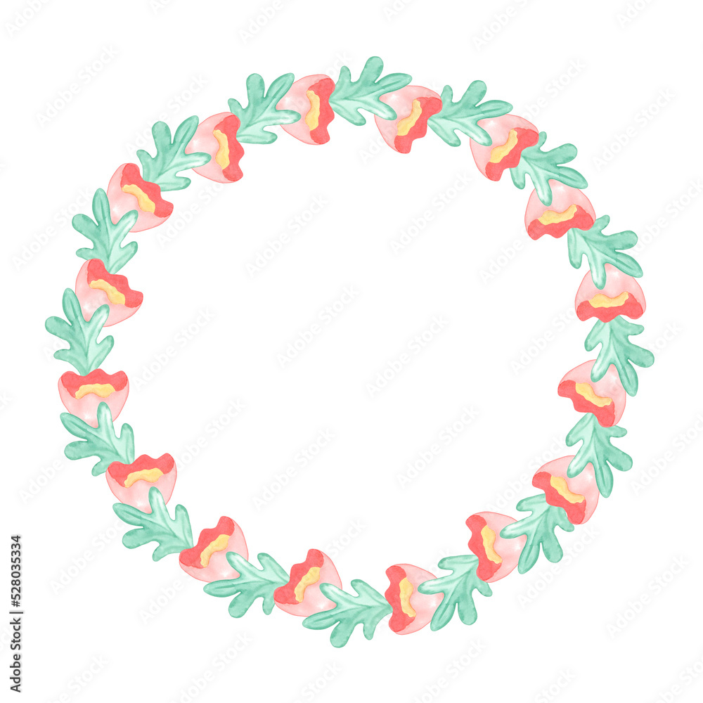 Watercolor round frame of green leaves and flowers . A wreath. Isolated on a white background.