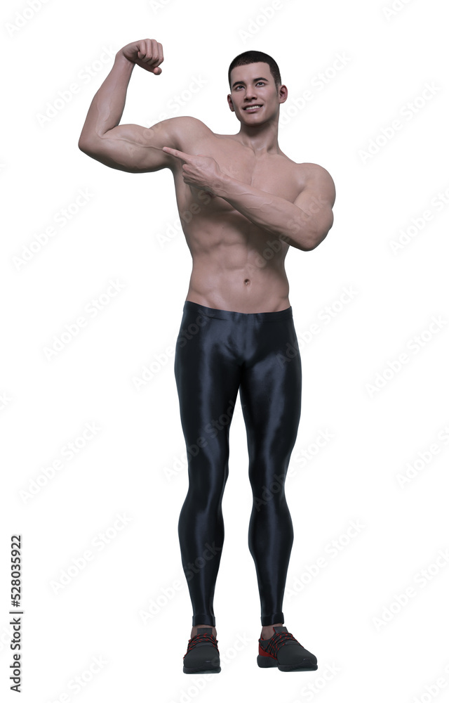 3D Render : smiling shirtless young man wearing sport legging pants and sneakers is standing and flexing his arm muscles , PNG transparent 3D Render : smiling shirtless young man wearing sport legging pants and sneakers is standing and flexing his arm muscles , PNG transparent