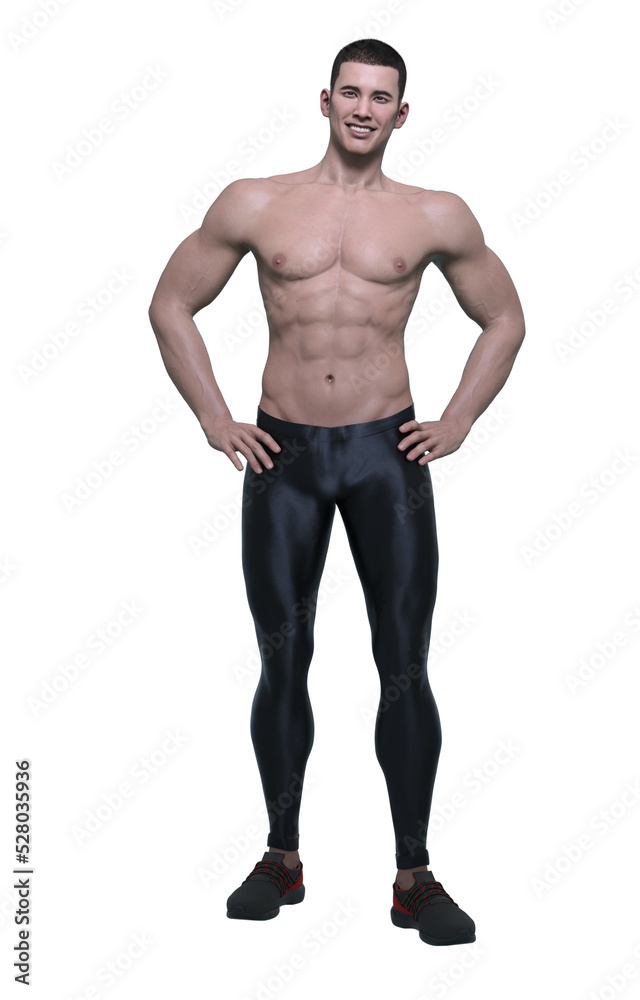 3D Render : smiling shirtless young man wearing sport legging pants and sneakers is standing with arms akimbo, PNG transparent 3D Render : smiling shirtless young man wearing sport legging pants and sneakers is standing with arms akimbo, PNG transparent