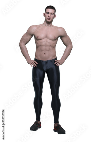 3D Render : emotionless young man wearing sport legging pants and sneakers is standing with arms akimbo, PNG transparent