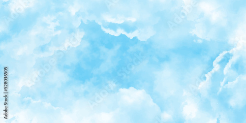 Panorama of blue sky with white clouds. Sky clouds landscape light background.White cumulus clouds formation in blue sky. sunny heaven landscape, bright cloudy sky view from airplane, copy space.><