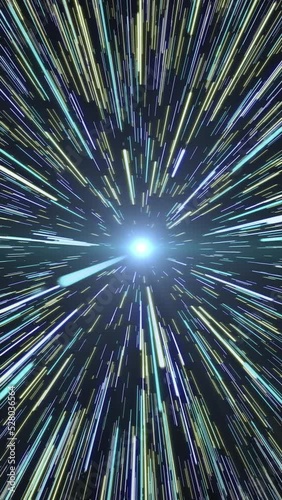 Hyperspace Travel Vertical. Travel in space with the speed of light and light beam at the end. Motion graphics 2160x3840 resolution, vertical.