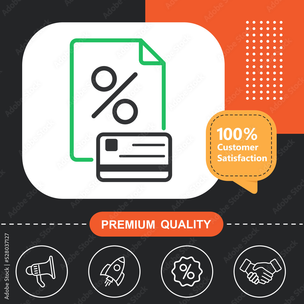 Credit card percent bonus icon. With orange and black background. Credit card percent bonus icon. With orange and black background.