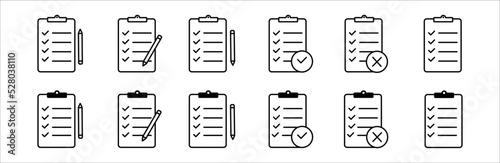 Clipboard vector icon set. check list sign line and outline isolated on white background. clip board or pad symbol. complete document page, quality test mark. illustration