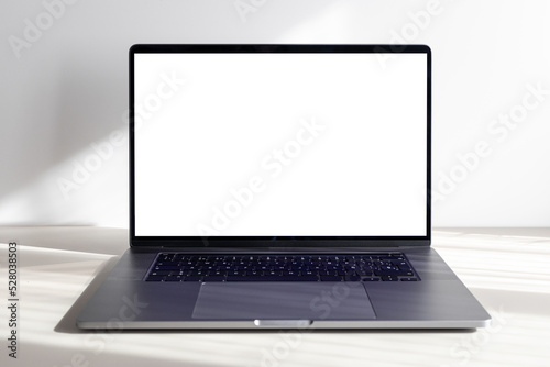 Modern laptop with blank white screen on minimalist desk